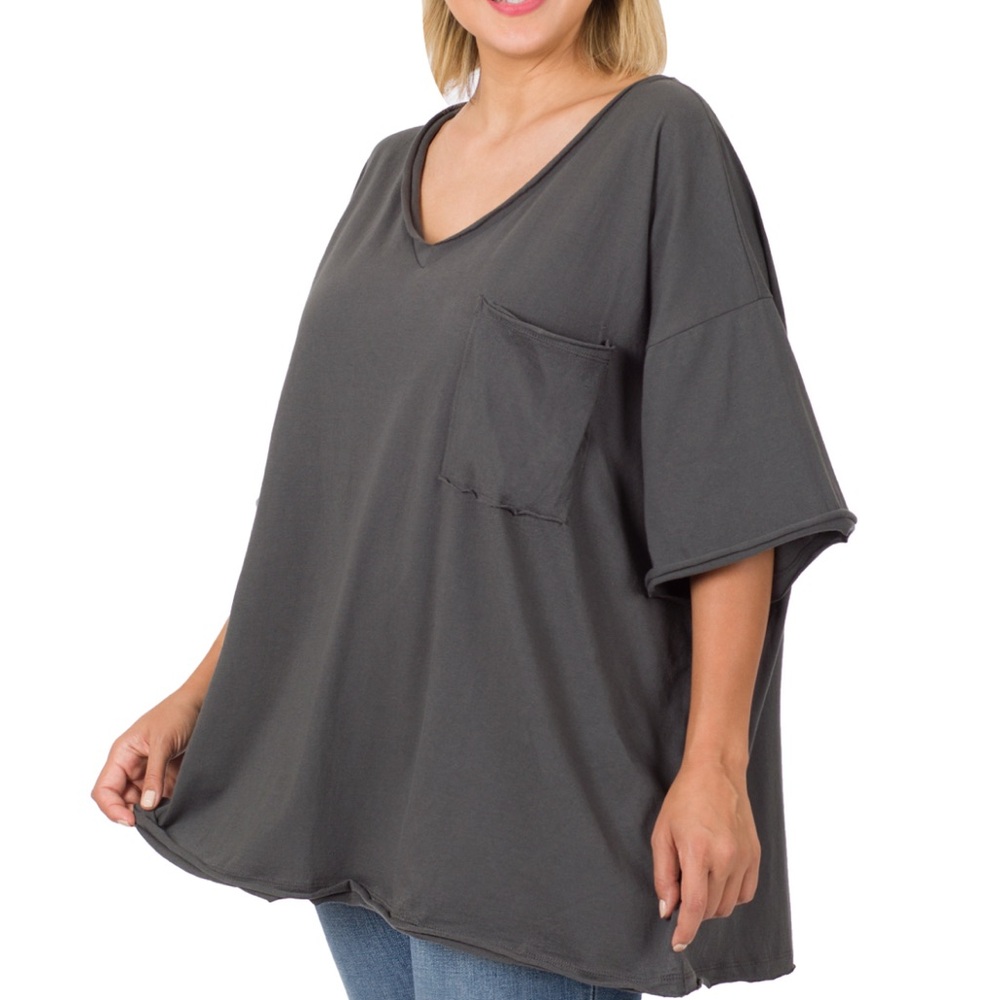 ZENANA Oversized Raw Edge Front Pocket Hi Low Tee Top - Picture 10 of 14